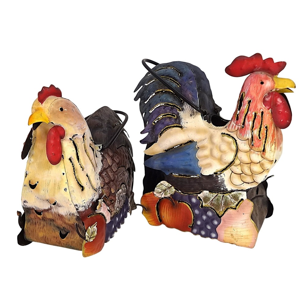 Set‎ of 2 Metal Rooster Lanterns Votive Candle Holders Garden Yard Decor